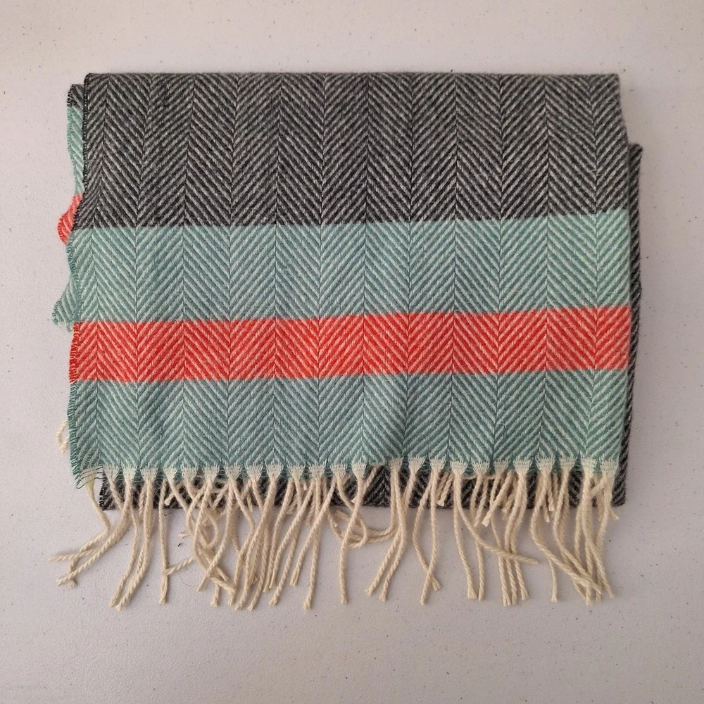 Herringbone Scarf Shawl Wrap Teal Coral Gray Neutral Fringe Ends Cozy Warm